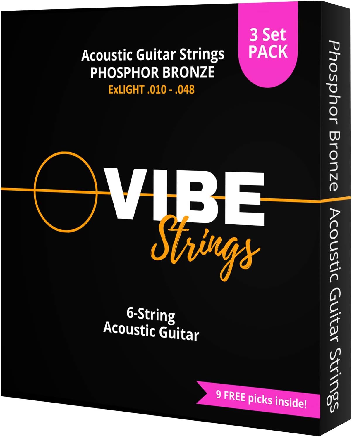 VIBE Strings Acoustic Guitar Strings Extra Light (.010.048), Phosphor Bronze, Pack of 3 Sets