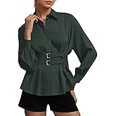 Ardrem Women Long Sleeve Button Down Shirts Double Buckle Cinched Waist Lapel Collar Blouse Pleated Back Peplum Tunic Top