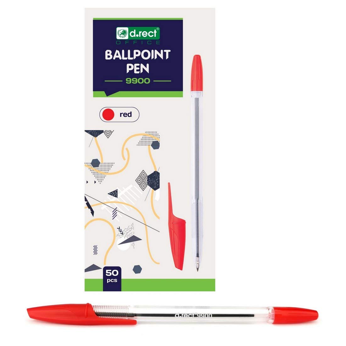 D.RECT 9900 Ballpoint Pens Pack of 50 Red Transparent with Clip Lid Tungsten Carbide Ball
