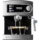 Cecotec Cafetera Espresso Power Espresso 20. Presión 20 Bares, Depósito de 1,5l, Brazo Doble Salida, Vaporizador, Superficie Calientatazas, Acabados en Acero Inoxidable, 850W
