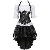Sapubonva Underbust Corset Dress 3 Piece Outfits for Women Faux Leather Pirate