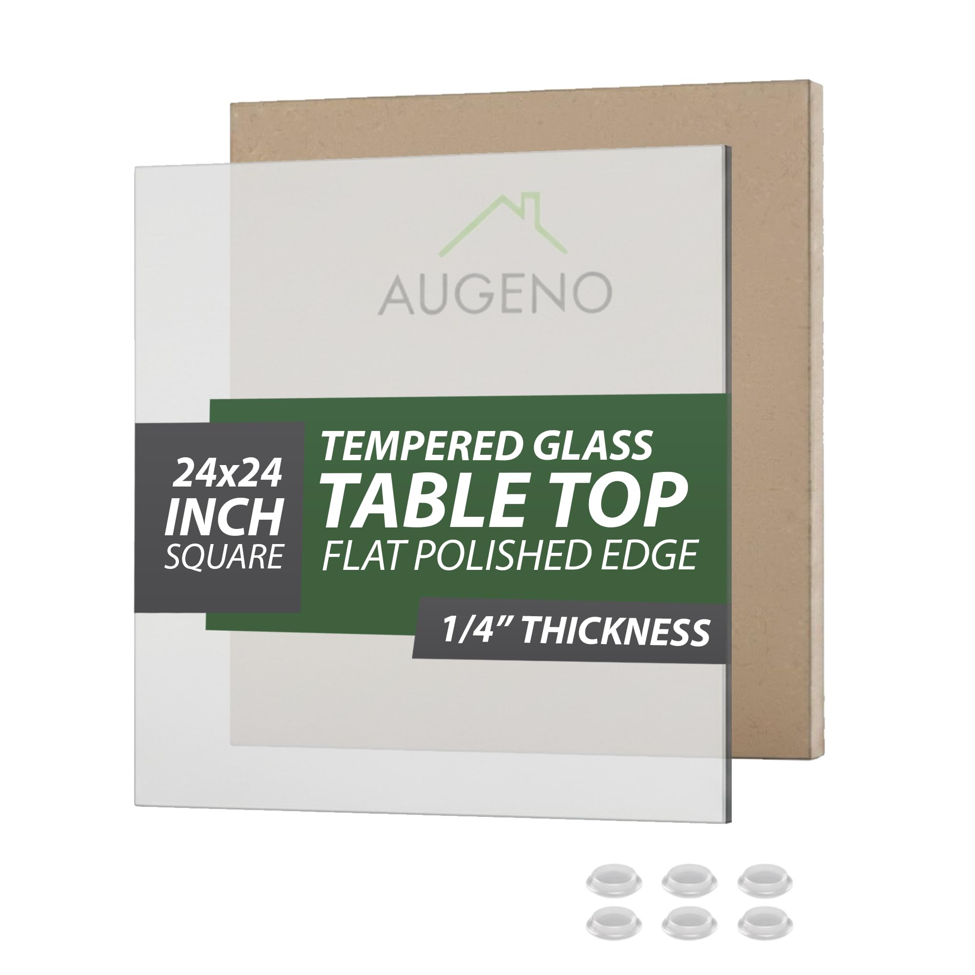 Photo 1 of ***FACTORY SEALED***Augeno 24 inch Square 1/4" Thick Flat Polished Edge Glass Table Top with 6 Bumpers - Tempered, Scratch Resistant & Safety Replacement Glass Designed for Dining, Coffee, Patio & End Tables