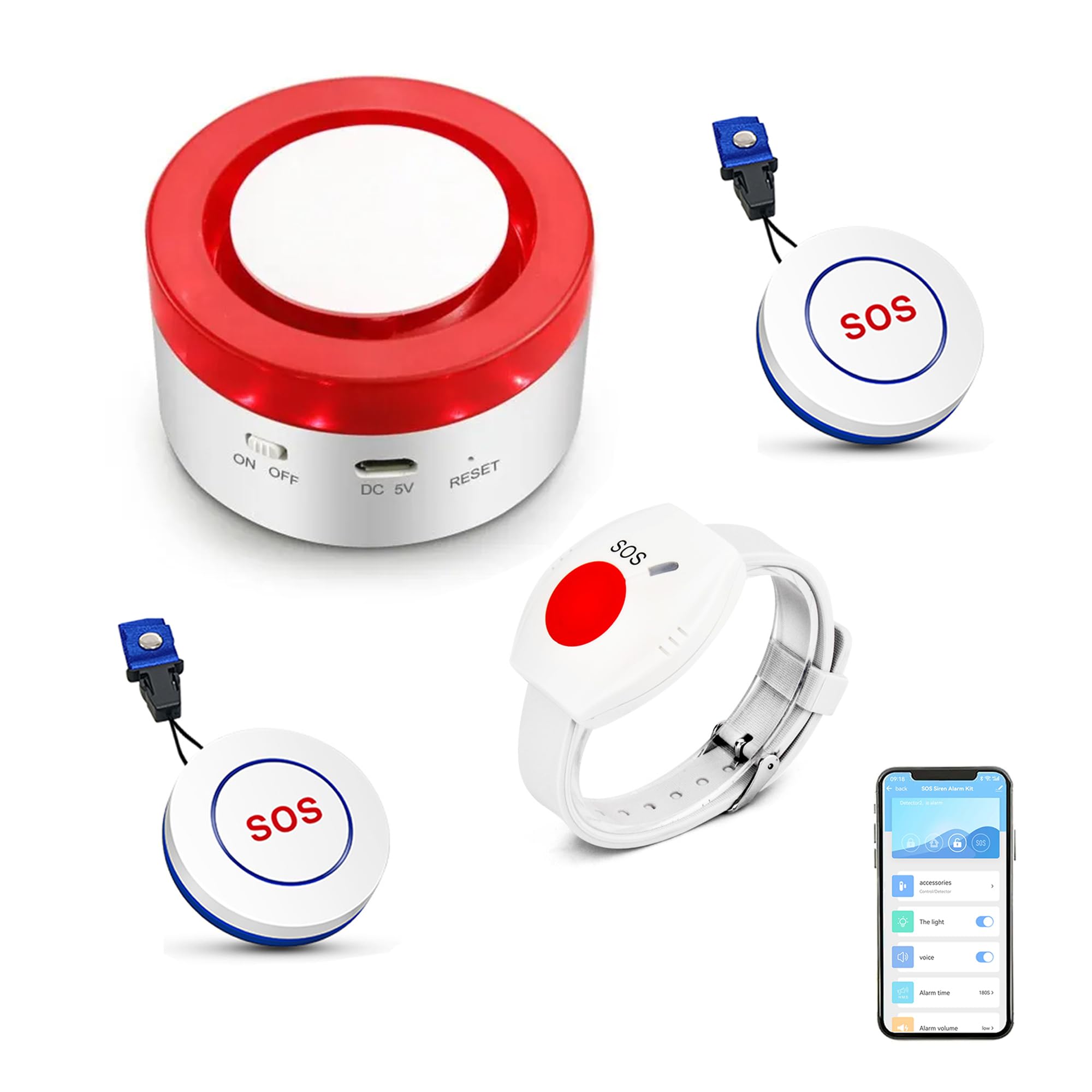 WiFi Caregiver Pager Call Button: Wireless Nurse Alert Call Bell, Personal Alarm Call Button with App Alerts, Emergency Alert Pager for Elderly Patients (2 SOS Buttons+1 Bracelet +1 Siren)
