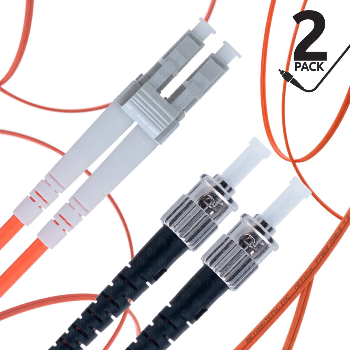 LC to ST Fiber Patch Cable Multimode Duplex - 1m (3.28ft) - 50/125um OM2 (2 Pack) - Beyondtech PureOptics Cable Series