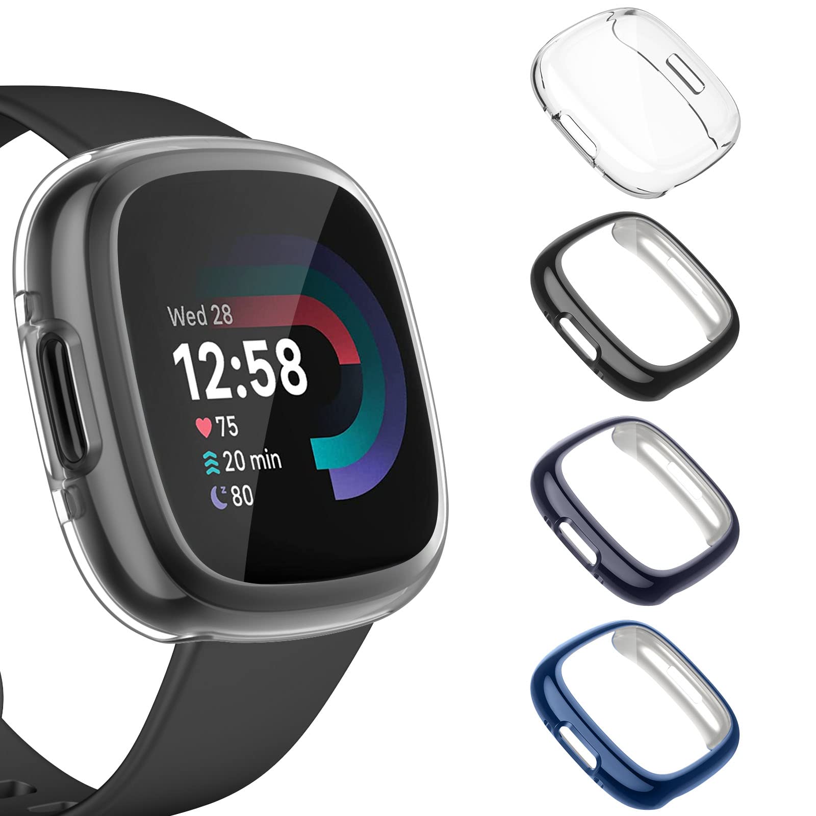 Wanme Screen Protector Compatible with Fitbit Versa 4/Sense 2, Soft TPU Full-Cover Screen Bumper Cover Case Screen Protector Compatible With Fitbit Versa 4/Sense 2(Black/Gray/Blue/Transparent)