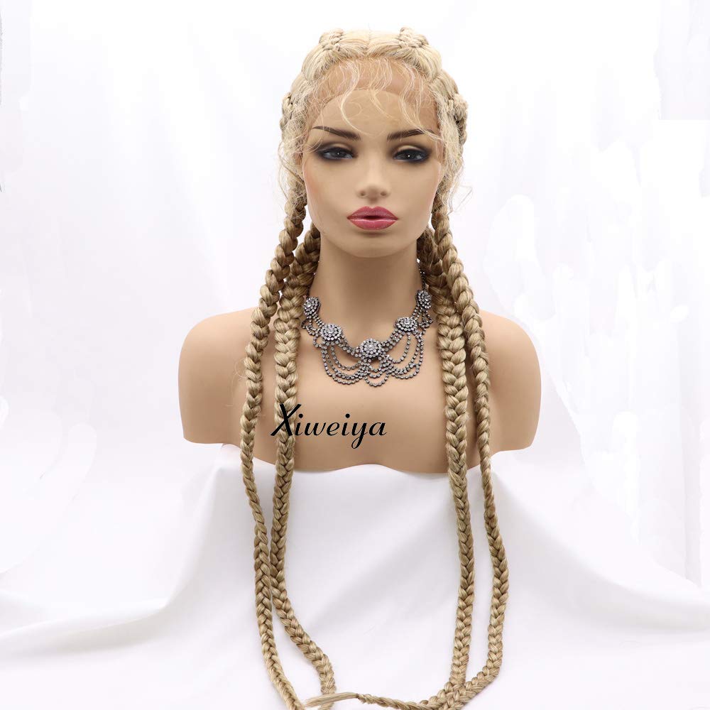 Xiweiya Long Blonde Color Four Braids Wig with Baby Hair Synthetic Lace Front Braided Wig for Women Daily Wear, Drag Queen Makeup Party 36 Inches