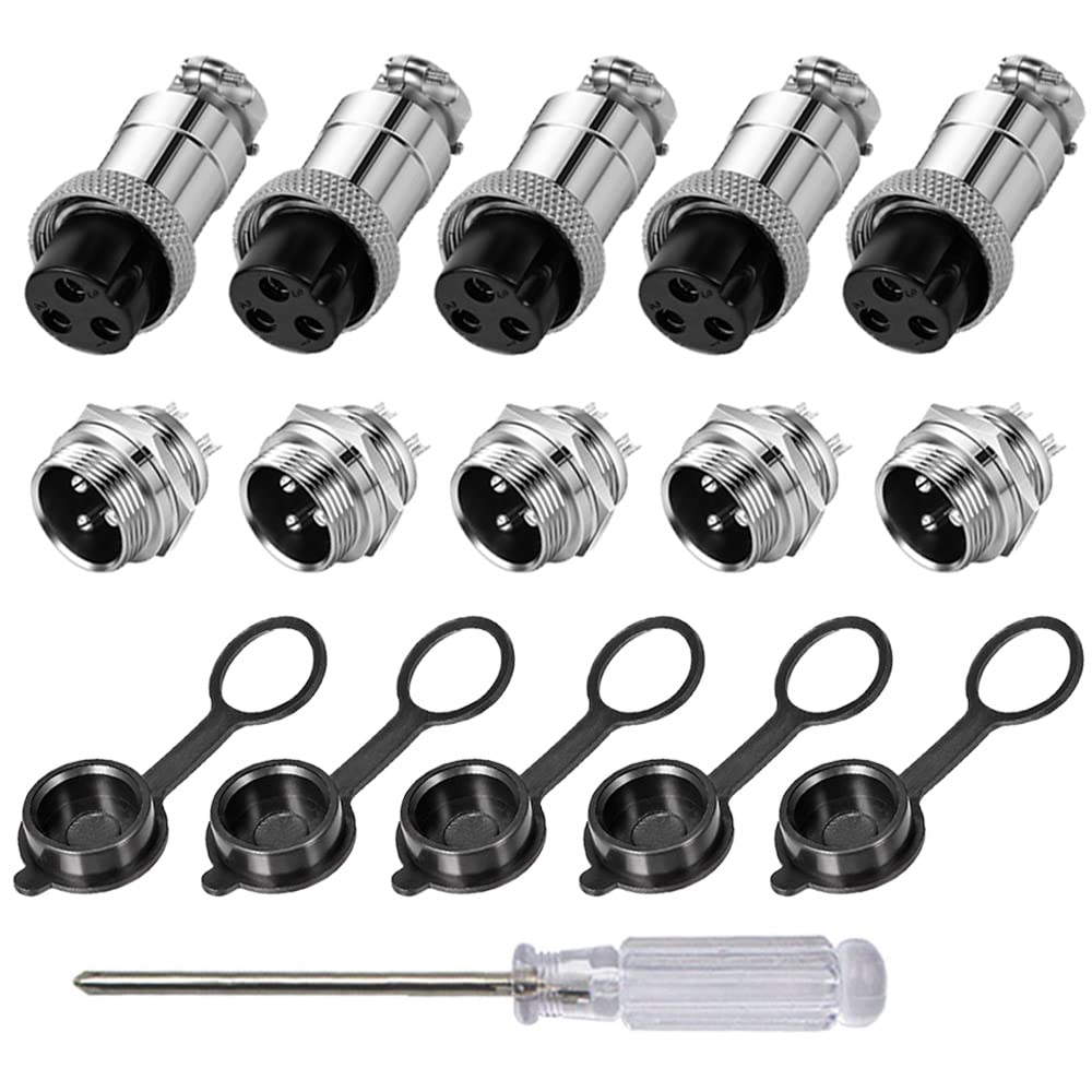 Aiqeer 5 Pcs 3-Pin GX16 Aviation Connector, 16 mm Thread Panel Metal Aviation Cable Connector, 5A Male Female Aviation Connector Plug Socket Kit, with Rubber Cap and Phillips Screwdriver