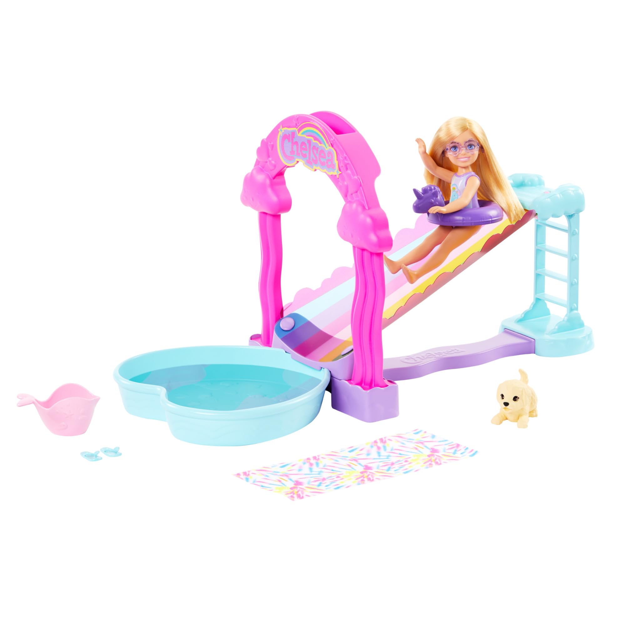 Barbie Chelsea Rainbow Water Slide Playset with Doll, Dog, & Accessories, Pour Water Into Arch to Make it “Rain”, HTK39