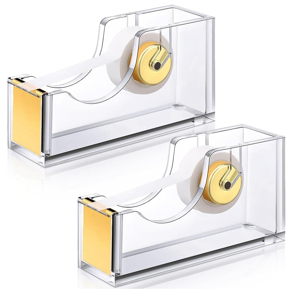 Cucioki 2 Pieces Acrylic Office Tape Dispenser Transparent Gold Tape Dispenser Tape Holder Packing Tape Dispenser Easy to Use