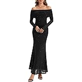 yontuxa Women Off Shoulder Bodycon Maxi Dress Long Sleeve Mesh Ruched Party Formal Wedding Guest Dresses