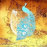 Tinksky 50pcs Wine Glass Table Name Place Card Peacock Design Wedding Party Anniversary Engagement Festival Home Decoration (Blue)