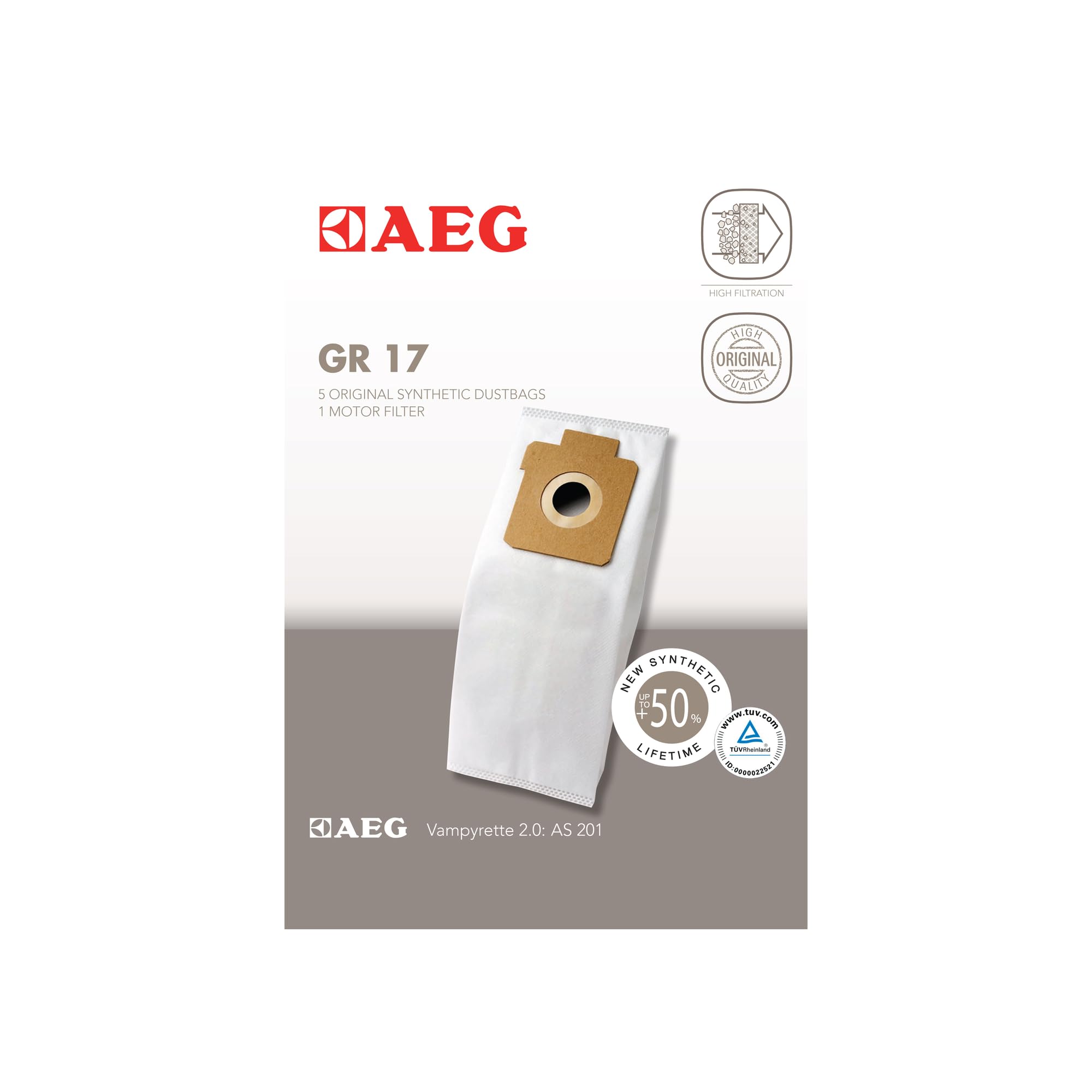 AEG GR 17 - Vacuum Cleaner Bags, Size 17 Vampyrette 2.0, High Performance Synthetic Dust Bags, 50% Longer Suction Power and Filtration, 5 Bags plus 1 Motor Filter, Fits AS201 AS210 AS230 AVBG3