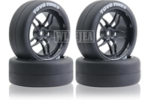 WLYEJEA 65mm 4PCS 1:10 RC Drift Tires and Petal Shaped Wheels Hub 12mm Hex Smooth Surface Rubber Tires Fit for 1/10 On-Road Drifting Car Traxxas HSP Tamiya HPI Kyosho