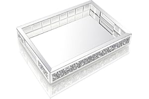 Wocred Mirror Jewelry Organizer Upgrades fits Dresser Bedroom,Crushed Diamond of Each Side Bathroom Tray with Handles,Decorative Serving Tray for Coffee Table Decor(11'x15'x2')