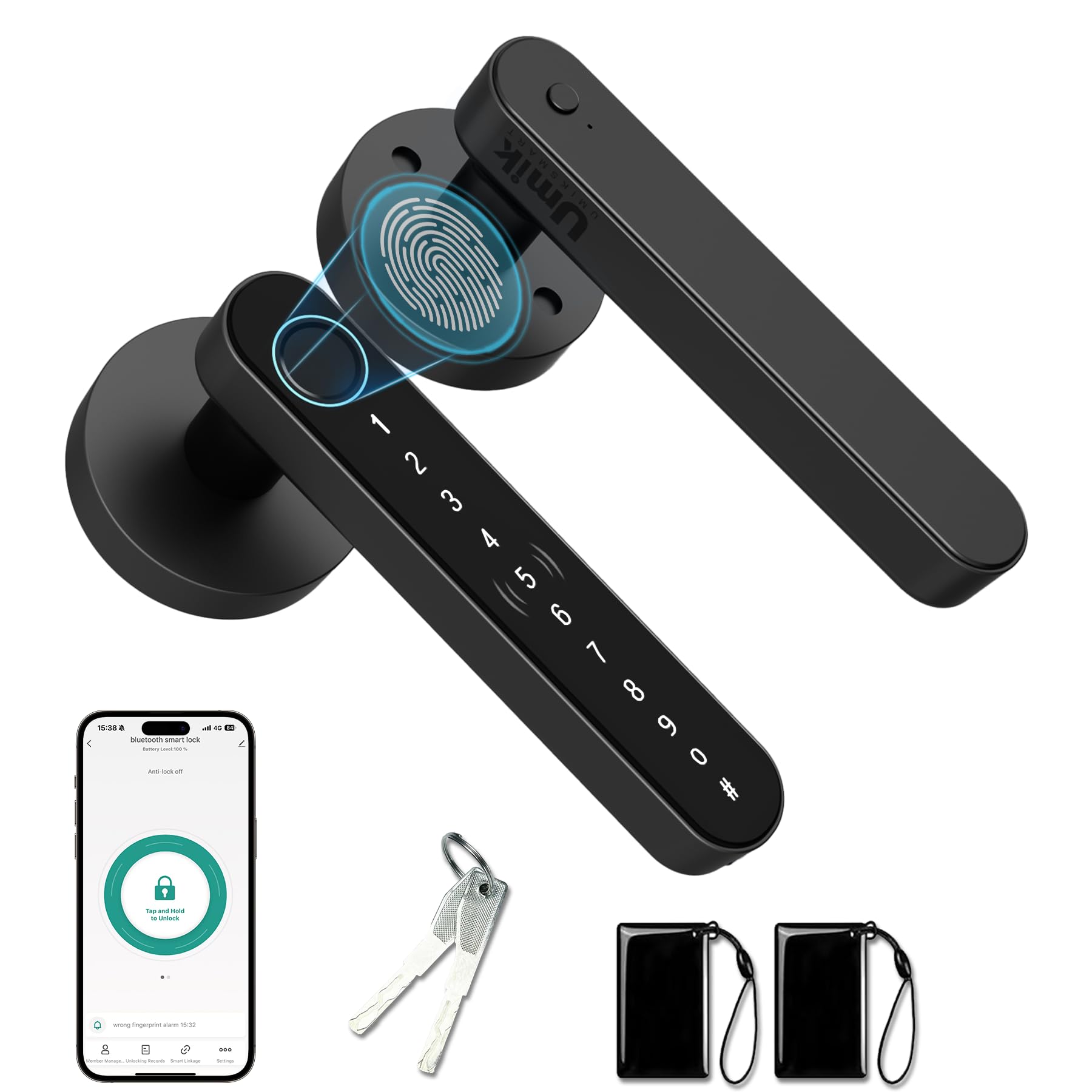 Photo 1 of UMIK UMIKSMART Fingerprint Smart Door Lock, Keyless Biometric Door Knob with Handle, Digital Door Lock with Keypad for Bedroom, Hotel, Office, Apartment (Matte Black in Zinc)