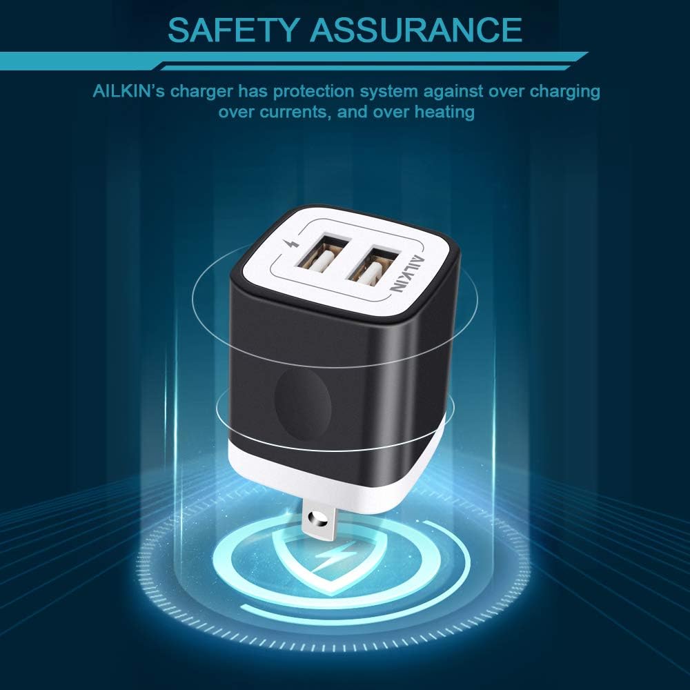 USB Wall Charger, Charger Block, Ailkin 2.1A Multiport Fast Charge Power Brick Cube Replacement for iPad, iPhone, iPod, Samsung Galaxy, Huawei, HTC, LG, Nokia or Other Cell Phone Smart Devices