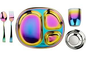 Ahimsa Stainless Steel Kids Dinnerware Set, Pediatrician Designed, 5 Piece Toddler Plates and Bowls Set, Stainless Steel Divided Plate, Cup and Kids Utensils, Rainbow