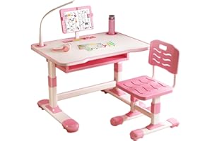 GIFZES Kids Desk and Chair Set, Ergonomic Height Adjustable Children School Study Desk with Tiltable Book Stand, LED Light, Kids Table and Chair Set with Storage Drawer for Boys Girls Pink