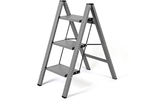 BOWEITI 3 Step Ladder Lightweight Folding Step Stool, Aluminum Portable Lightweight Ladder for Home and Office Use, Anti-Slip Pedal 330 Lbs Capacity Household Stepladder(Gray)