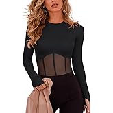 REORIA Women's Trendy Sexy Crew Neck Thumbholes Long Sleeve Sheer Mesh Going Out Bodysuit Tops