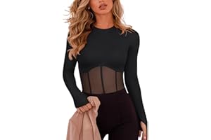 REORIA Women's Trendy Sexy Crew Neck Thumbholes Long Sleeve Sheer Mesh Going Out Bodysuit Tops