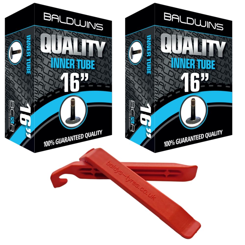 Baldwins Bike Inner Tube 16 x 1.75 to 2.25 Schrader Valve & BALDY'S TYRE LEVER (Pack of 2)