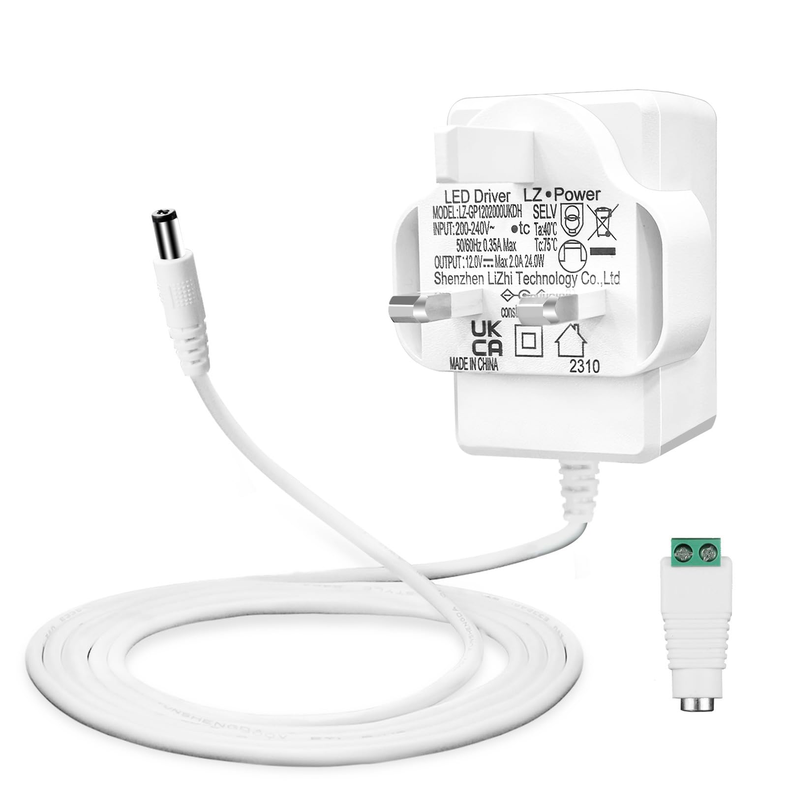 Lacasa 12V 2A Power Supply for LED Strips, Transformer AC 200-240V to DC 12V Driver Converter Adapter 24W with 5ft/1.5m Long Cable, UK Plug, 5.5 x 2.1mm Jack, UKCA Approved, White