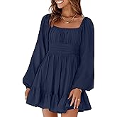 Dokotoo Women's Dress Square Neck Long Sleeve Tie Backless Sexy Dresses Ruffle A-Line Plus Size Dress Shirred Elastic Waist Casual Blue Mini Summer Outifits XX-Large