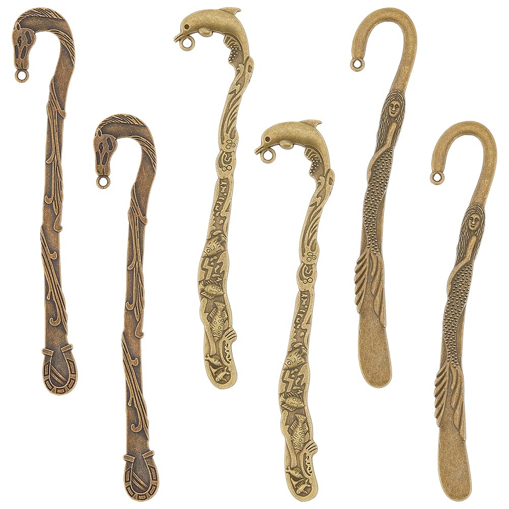 SUNNYCLUE 12Pcs Hook Bookmark Metal Hook Bookmarks Bulk Tibetan Style Antique Bronze Mermaid Dolphin Horse Bookmark Blanks with Hanging Loops Hairpin Stripe Carved Book Marks for Crafting Reading