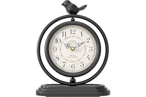 ChimeTide Black Vintage Table Clock with Bird, European Retro Style Mantel Clocks, Desk and Shelf Decor Clock, for Living Room, Farmhouse, Bedside, Bedroom, Gift (7.9" H x 6.3" W)