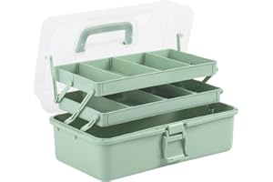3-Layer Multipurpose Storage Box with 2 Tray, 12.5 Inch Art Craft Storage Container Clear Plastic Portable Folding Tackle Box