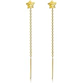 18K Real Gold Tiny Threader Earrings for women, Yellow Gold 4mm Dangle Star Earrings Ear Line Hypoallergenic Jewelry for Her