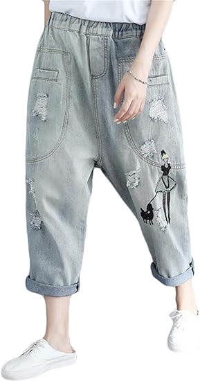 Amazon ジュンィ レディース ジーンズ サルエル デニムパンツ ゆったり ジーパン 9分丈 カジュアル ボトムス 大きいサイズ ジーンズ 通販