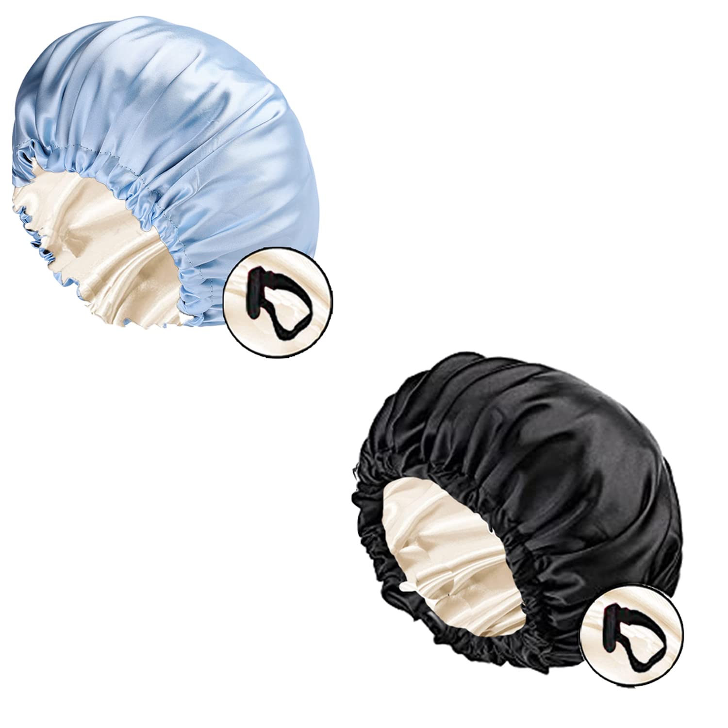 LadayPoa 2PCS Satin Sleep Cap, Adjustable Bonnet Hair Caps with Double-Sided,Silk Bonnet for Natural Hair Hair Wrap for Women Hair Care, Black+Blue, 2.0 count