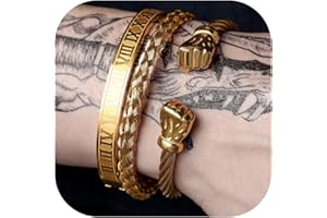 RINTOLER 18K Gold Plated Stainless Steel Bracelets for Men - Roman Numeral Bracelet Luxury Crown King Twisted Cuff Cable Bangle Bracelets Set