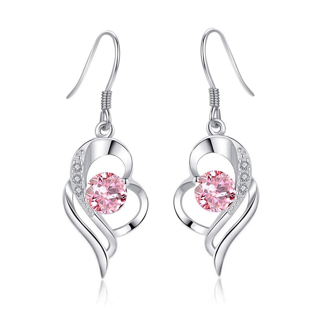 Kamise Drop Earrings for Women, 925 Sterling Silver Drop Earrings with Pink Zirconia, Heart Teardrop Dangle Ear Rings, Dangly Hook Earring for Ladies, Gifts for Girls Birthday Anniversary mit Box