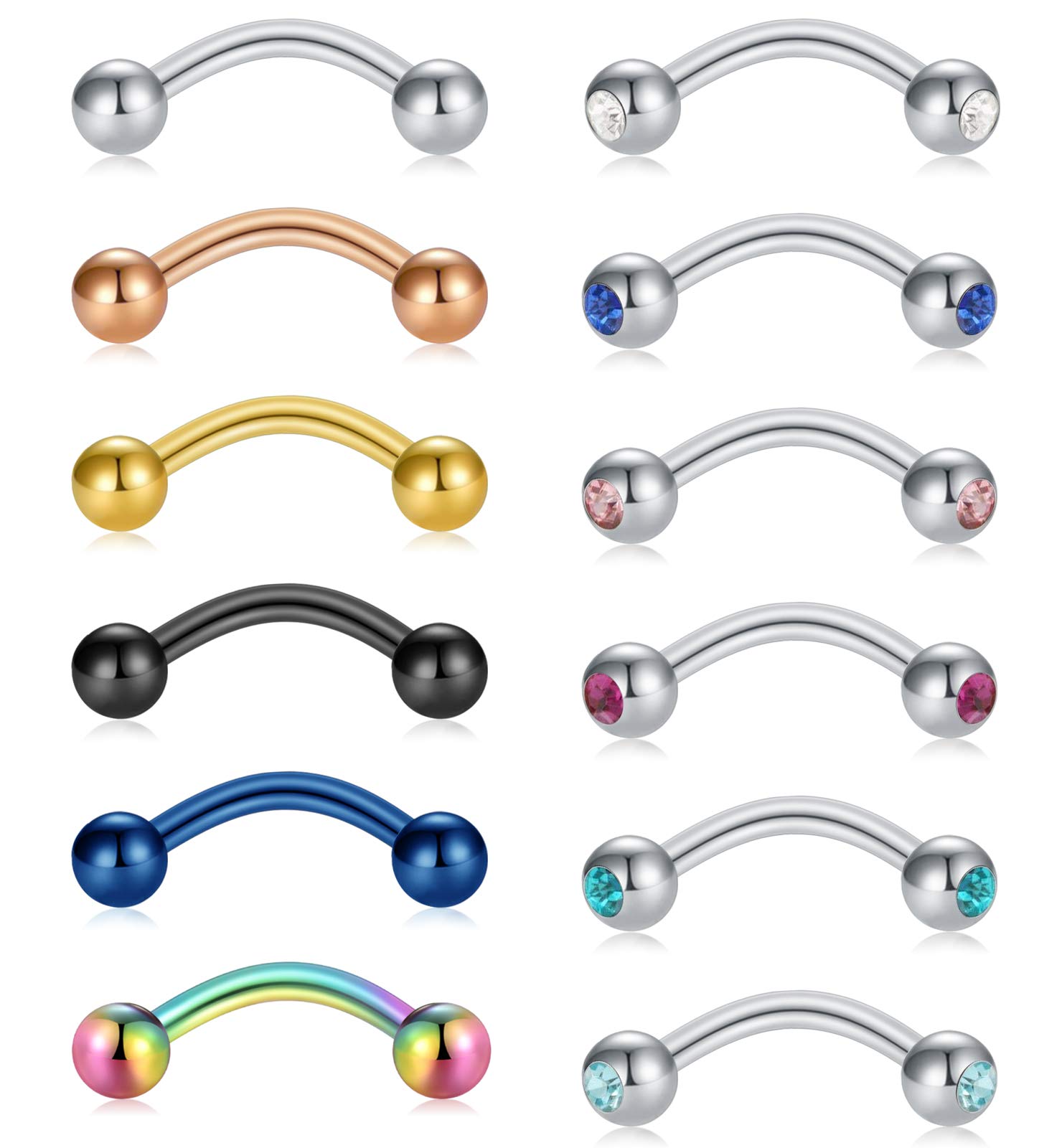 Briana Williams 12pcs Eyebrow Nose Lip Tragus Helix Daith Rook Piercing Bars 8mm 16G Stainless Steel Curved Barbell Banana