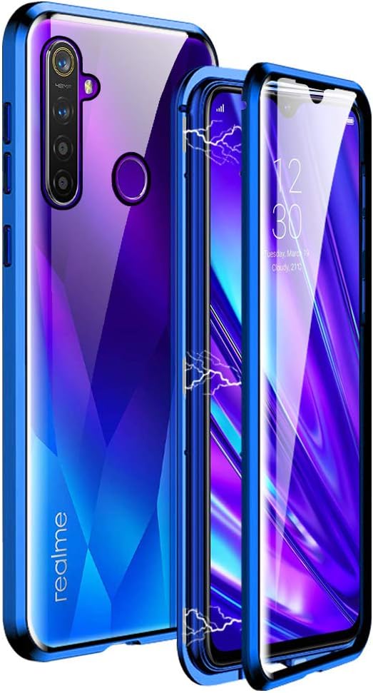 IGUCAC Case for Realme 5 Pro Case,2 in 1 Magnetic Adsorption Cover with Front/Back Tempered Glass and 360 Degree Full Coverage Anti-Scratch Metal Protection for Realme 5 Pro,Blue