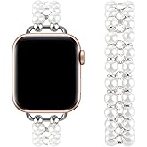 Elastic Pearl Beaded Band Compatible with Apple Watch 38mm 40mm 41mm, Woman Sparkling Bling Diamond Chain Solo Loop Stretch Bracelet Strap Replacement for iWatch Series 9 8 7 6 5 4 3 2 SE