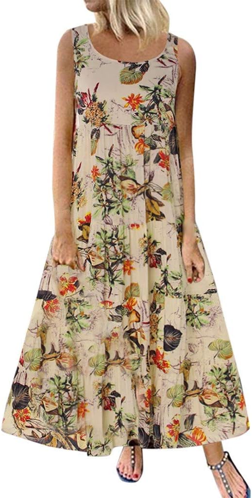 Women Bohe Long Plus Size Linen Strappy Loose Vintage Sleeveless/ Long Sleeve Dress