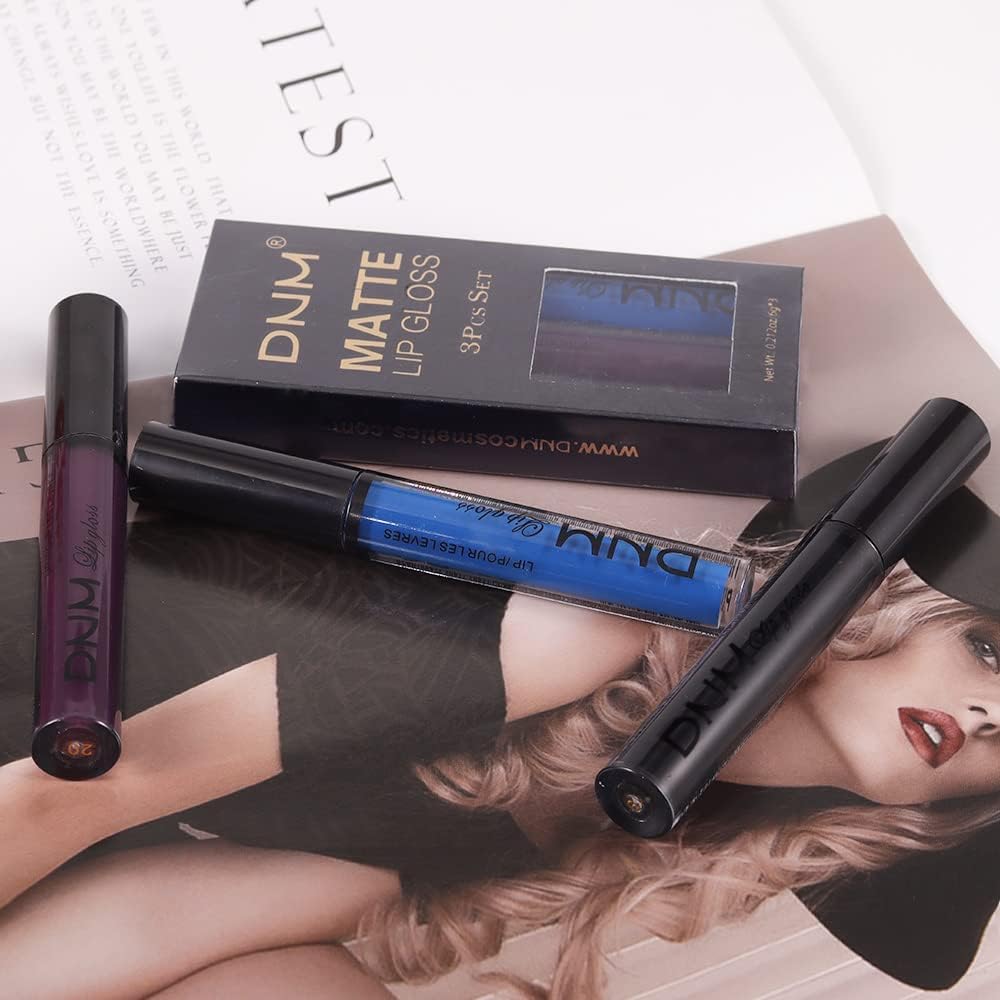 evpct 3Pcs Dark Black Purple Blue Matte Liquid Lipstick Halloween for Women Long Lasting Smudge Proof Black 24 Hours Original Lip Liner and Lipstick Stain Makeup Set labial mate larga duracion 24