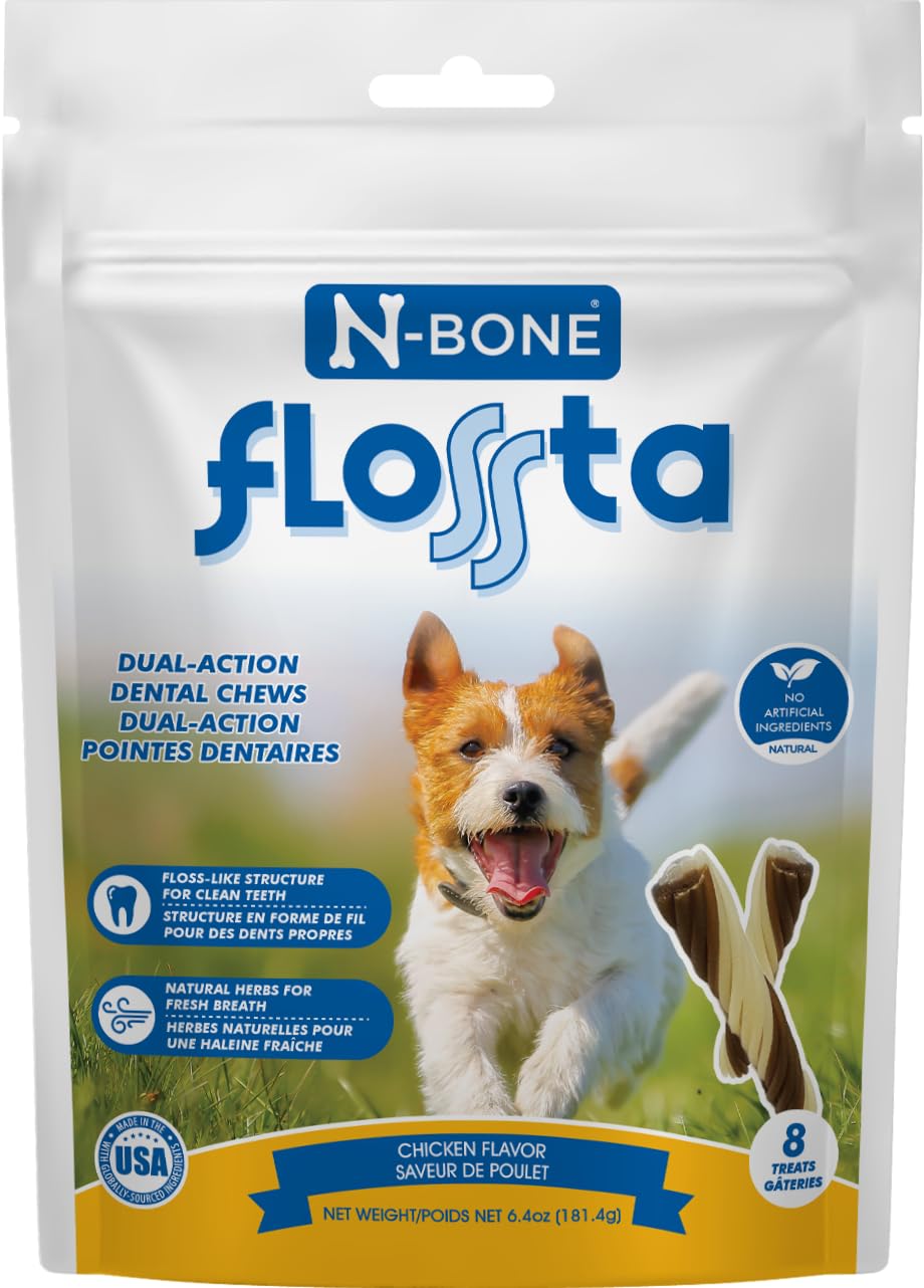 Photo 1 of **pack2**N-Bone FLOSSta Dental Chews for Dogs – Chicken Flavor, No Dyes, Grain-Free, Breath Freshening, Plaque & Tartar Control, Digestible Teething Aid – 6.4 oz Bag, Made in USA