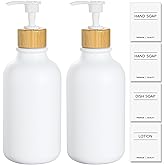 KASUNTING White Soap Dispenser, 2 Pack Plastic Bathroom Hand Soap and Lotion Dispenser Set with Bamboo Pump, 17 Fl Oz Hand and Dish Soap Dispensers Set for Kitchen, Refillable Liquid Soap Bottles