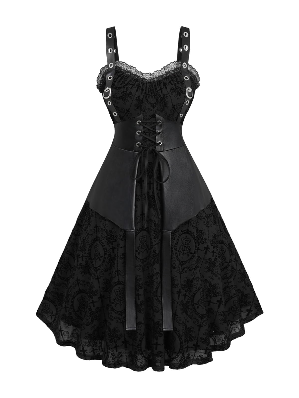 Photo 1 of Rosegal Women Plus Size Gothic Lace-up PU Leather Patchwork Flocking Midi Dress Buckles Lace Trim Vintage Goth Midi Dress(Black_1/3X)
