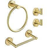 FAIRGIA Gold Bathroom Hardware Set, Brushed Gold Toilet Paper Holder Towel Ring 2 Robe Hooks Wall Mount Hand Towel Holder Bath Accessories Stainless Steel, 4 Pieces