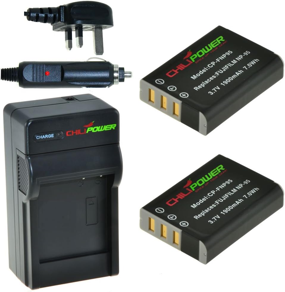 ChiliPower Fuji NP-95, NP95 1900mAh Battery 2-Pack + Charger (UK Plug) for Fujifilm Finepix X100S, X100, F30, X-S1, F31fd, Real 3D W1, BC-65
