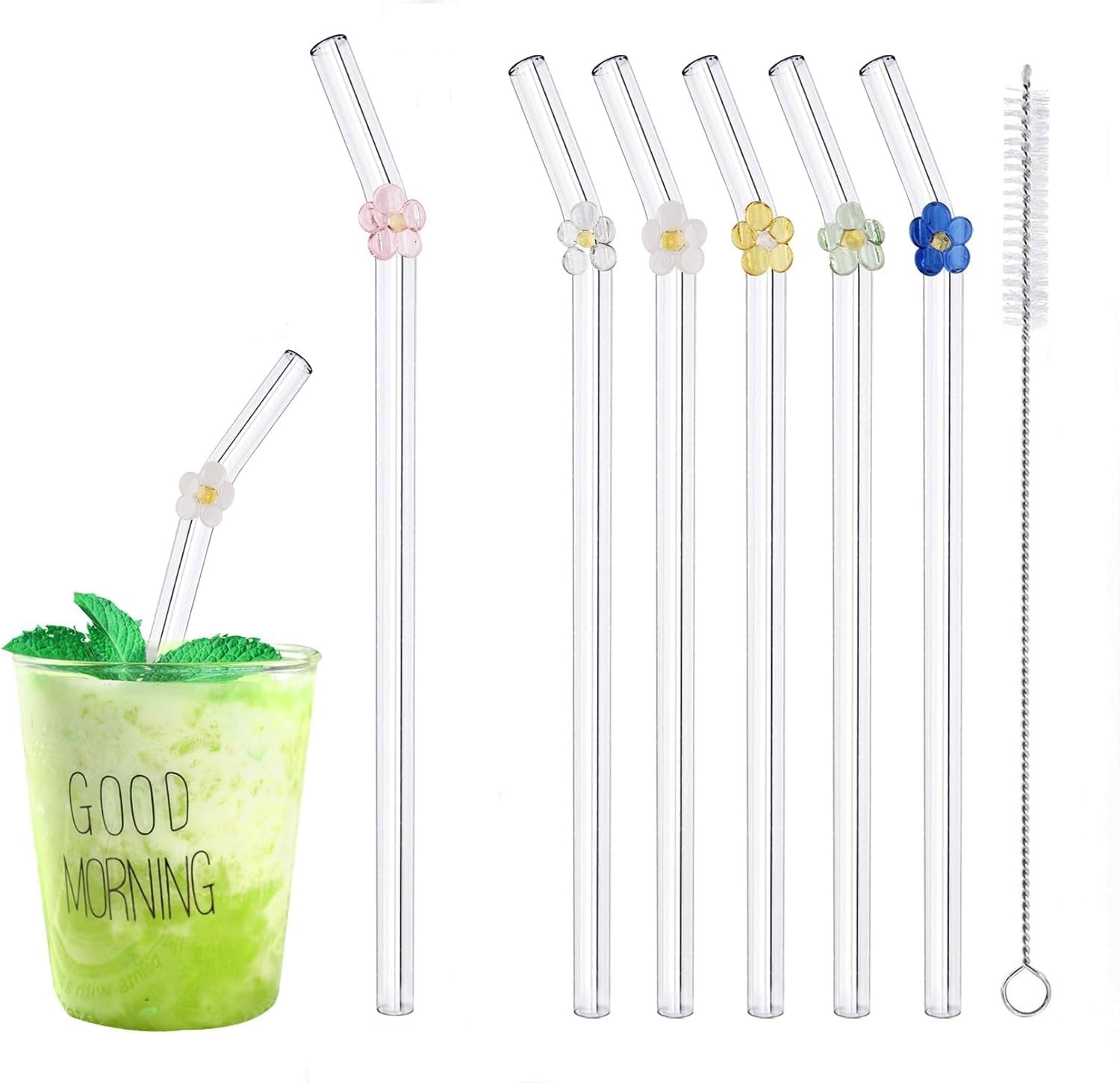 JINGIHE 6PCS Glass Straws Reusable, Drinking Straws, 20cm Colorful Design Glass with 2 Cleaning Brushes, Curved Design for Smoothies Cocktails, Beverages, Coffees Juices (Flower)