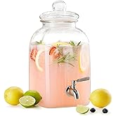 Kook Glass Drink Dispenser, with Leak-Proof Stainless Steel Spigot and Customizable Label Tag, Clear Mason Jar, Beverage Storage for Fridge, for Water, Iced Tea, Sangria, Lemonade, 1.25 Gallon