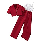 Hilinker Girl's 2 Piece Outfits Short Sleeve Blazer and Belted Sleeveless Jumpsuit Sets