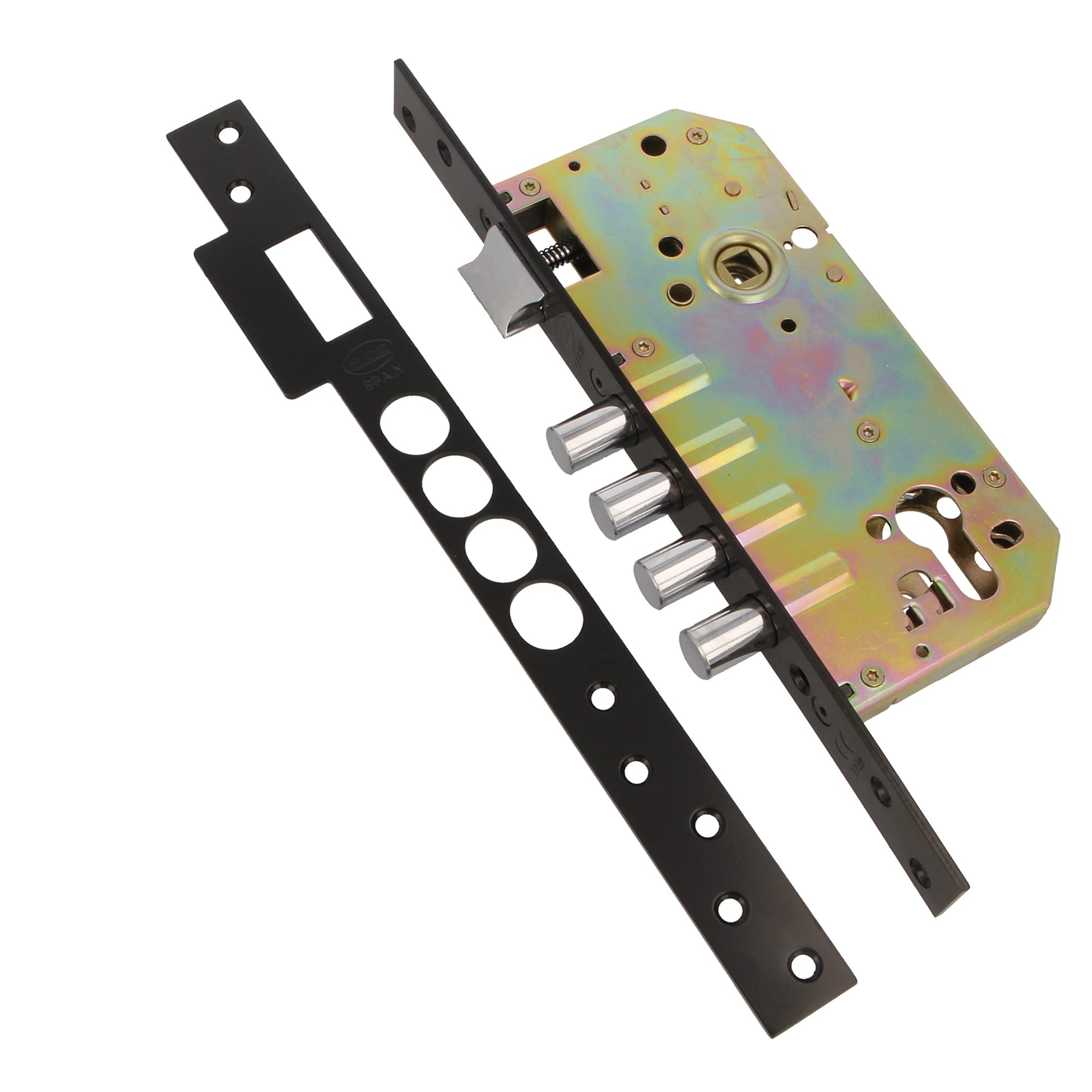 Amig - Embossing Lock with Bolts for Wooden Doors Mod. 100 | 50/85 mm | with Cylinder and Safety Shield | Reversible Lever | Black Finish